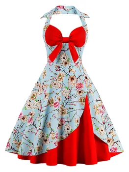 Plus size 4XLVintage Summer Dress Retro Hepburn 1950s Rockabilly Floral Print Halter A-line Party Dresses Feminino Vestidos