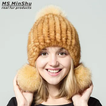 Ponia MinShu Originali Audinės Kailio Kepurę Moterims Žiemos Kailio kepurė su 3 Kamuolius tikro Kailio Kepurė Mados Ladys Bobble Beanies Lapės Kailio Kamuoliai