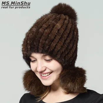 Ponia MinShu Originali Audinės Kailio Kepurę Moterims Žiemos Kailio kepurė su 3 Kamuolius tikro Kailio Kepurė Mados Ladys Bobble Beanies Lapės Kailio Kamuoliai
