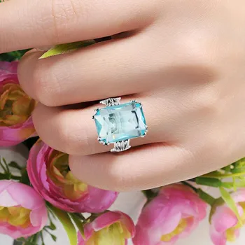 Prabanga Aikštėje Pakabukai Rankų darbo Senovinių Moterų 925 Sterlingas Sidabro Birthstones Sky Blue Crystal Vestuvinį Žiedą Prekės Papuošalai