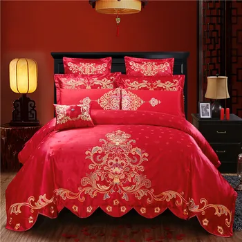 Prabangus Aukso siuvinėjimai patalynės raudonos spalvos satino vestuvių patalynės komplektas queen ' king size 4/6/9pcs antklode padengti lovatiesė rinkinys