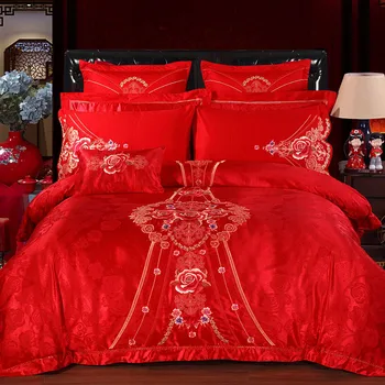 Prabangus Aukso siuvinėjimai patalynės raudonos spalvos satino vestuvių patalynės komplektas queen ' king size 4/6/9pcs antklode padengti lovatiesė rinkinys