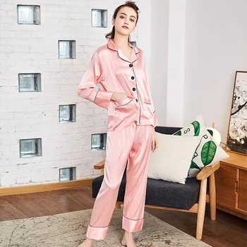 Prabangus Šilko-kaip Sleepwear Moterų pavasario ilgomis rankovėmis pižama rinkiniai vientisa spalva namų drabužių minkštas breatbable oda-draugiškas