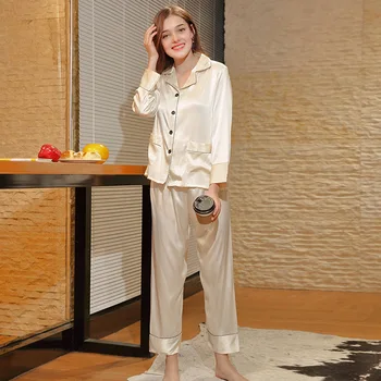 Prabangus Šilko-kaip Sleepwear Moterų pavasario ilgomis rankovėmis pižama rinkiniai vientisa spalva namų drabužių minkštas breatbable oda-draugiškas