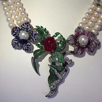 Prabangūs papuošalai, gamtinis gėlo vandens perlų vėrinį kelių sluoksnių vestuves karoliai 925 sterlingas sidabro gėlė fine jewelry