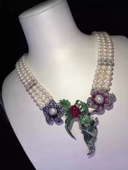 Prabangūs papuošalai, gamtinis gėlo vandens perlų vėrinį kelių sluoksnių vestuves karoliai 925 sterlingas sidabro gėlė fine jewelry