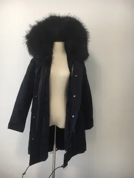 Prekės 2017 Moterų Žiemos Striukė Ilgai, Išimamas Pamušalas, tamsiai mėlynos Parkas Dideli Nekilnojamojo Usūrinių Kailiniai su Gobtuvu Kailis Outwear