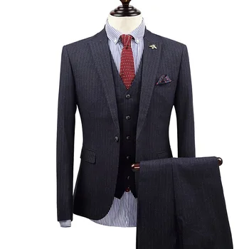 Prekės ženklo drabužių Pilkas Dryžuotas Anglija oficialų vyrai tinka smokingas kailis/vest/ziajać slim fit jaunikis vestuvių kostiumai prom kostiumai verslo 3XL