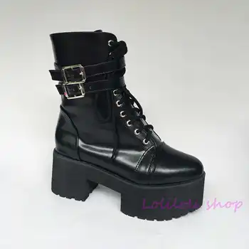 Princesė punk batai Lolilloliyoyo antaina Japonų dizaino cos batai custom black šviesios odos kryžiaus jungiamąją storo kulno batai 5221x