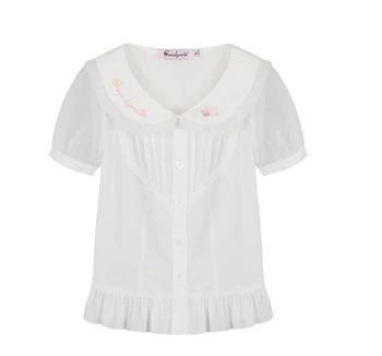 Princesė saldus lolita marškinėliai Saldainių lietus Japonų stiliaus Vasaros Saldus peter pan apykaklės siuvinėjimo šifono marškinėliai C15AB5751