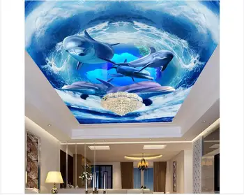 Pritaikyti 3d foto tapetai, 3d sienų lubų tapetai freskomis Delfinų lubų freskomis ant bangų 3d kambario tapetai