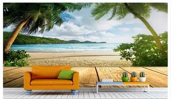 Pritaikyti 3D tapetai, 3d sienų freskomis jūros kokoso palmių fone, sienos tapetai