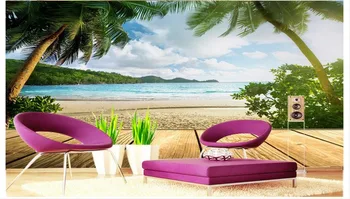Pritaikyti 3D tapetai, 3d sienų freskomis jūros kokoso palmių fone, sienos tapetai