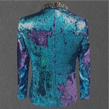 Purple Blue sequins Men's Jacket Prom Party Fashion Slim Blazers Outerwear Nightclub Bar Host singer stage performance Costumes