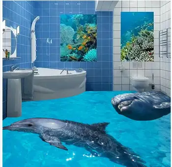 PVC vandeniui grindų Delfinai Povandeninį Pasaulį 3D stereoskopinis vonios kambario grindų lipnios 3D grindų