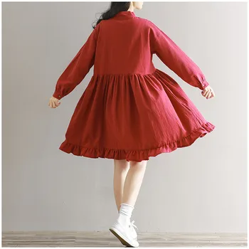 Qiukichonson pavasarį moterys mielas suknelė, kietas lankas O-Kaklo aukštos juosmens susiėmę moteriška suknelė ilgomis rankovėmis medvilnės ir lino plisuotos suknelė