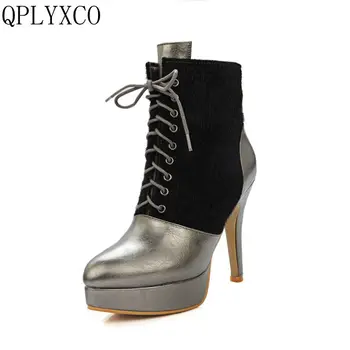 QPLYXCO Plius Naujas Didelis Mažas Dydis 32-46 natūralios odos batai moters čiurnos prabangus Žieminiai batai aukštakulniai(11cm) Vestuvių batai W3-7