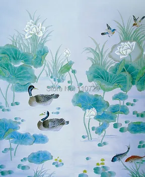 Ranka-dažytos, tapetai sielovados tapybos lotoso žiedų su paukščių RANKOMIS DAŽYTI šilko wallcovering daug nuotraukų ir fonas