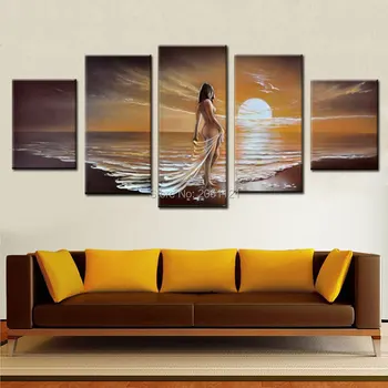Rankomis dažyti aliejus, tapyba ant drobės sunset beach kraštovaizdžio jūros mergina seksualus naked nude drobė paveikslų gyvenimo kambario sienos