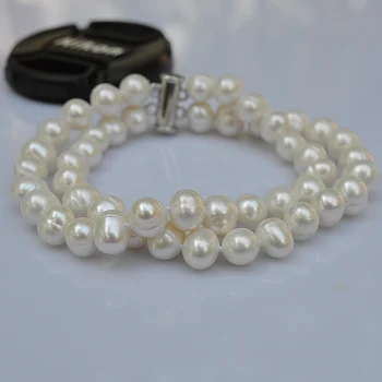 Rankų darbo 8-9 mm 2 eilutės balta nekilnojamojo gėlavandenių perlų apyrankė 8 colių populiarių produktų nemokamas pristatymas