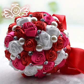 Rankų darbo DIA 20cm Crystal Pearl Su Kaspinu Vestuvių Nuotakos Bridesmaid Puokštė Apdailos Namų Nuotaka Valdos Satino Rožių Gėlių