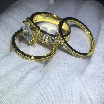 Rankų darbo Sužadėtuvių Vestuvių Juostoje Žiedai rinkinys, skirtas moterims, vyrams AAAAA cirkonis cz Geltonos Aukso Užpildytas 925 sidabro Pažadas žiedas Papuošalai