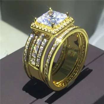 Rankų darbo Sužadėtuvių Vestuvių Juostoje Žiedai rinkinys, skirtas moterims, vyrams AAAAA cirkonis cz Geltonos Aukso Užpildytas 925 sidabro Pažadas žiedas Papuošalai
