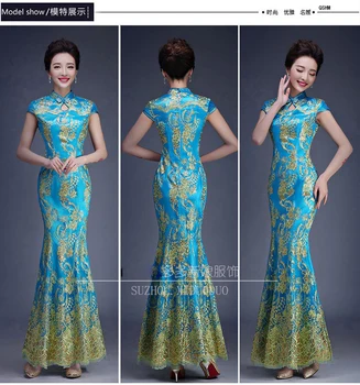Raudona Mėlyna Žalia Spalva Prabangus Kinų Tradicinių Vestuvių Suknelė Qipao Undinė Vestuvių Suknelė Žuvies Uodega Azijos stiliaus trumpomis Rankovėmis