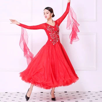 Raudona Pramoginiai Konkurenciją Šokių Suknelės Naują Atvykimo ilgomis Rankovėmis Etape Kostiumas Moterims Standartinių Sportinių Šokių Suknelė
