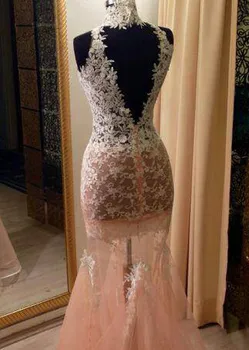 Rausvos spalvos, Seksualus Matyti Per Didelės Kaklo Prom Dresses 2018 Balta Aplikacijos Undinė Ilgai Vakare Chalatai Backless Vestido de Formatura Courte
