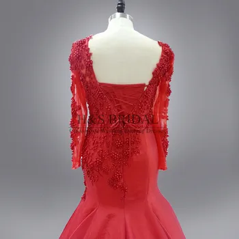 Realios foto vestido de festa longo raudona seksualus, prabangus perlų siuvinėjimo vakarinę suknelę ilgomis rankovėmis