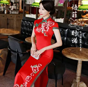 Red Kinijos Moterų Atlasas Cheongsam Elegantiškas Rytų Kinijos Suknelės Etape kostiumai