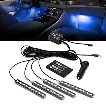 RGB 4x 36 LED Automobilių Mokestis 12V 10W Švyti Interjero Dekoratyvinis 4in1 Atmosfera Mėlyna Viduje Koja Šviesos Lempos Nuotolinio Valdymo