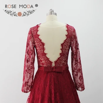 Rose Moda Bordo Vakaro Suknelės ilgomis Rankovėmis Nėrinių Oficialią Vakaro Suknelė su Traukiniu Iliuzija Atgal Šalis Suknelės Realios Nuotraukos