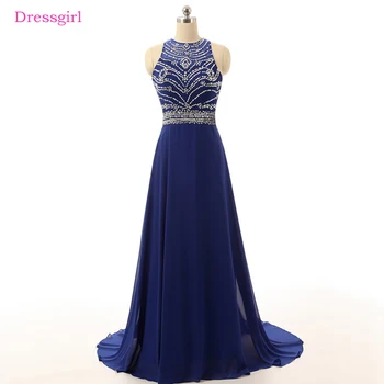 Royal Blue 2018 Prom Dresses-line Aukštos Apykaklės Šifono Zawalcowany Backless Elegantiškas Ilgas Promenadzie Suknelė Vakaro Suknelės Chalatas De Soiree