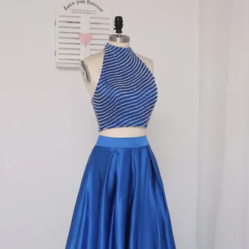 Royal Blue Nekilnojamojo Mėginio 2018 Prom Dresses-line Aukštos Apykaklės Grindų Ilgis Pearl Dviejų dalių Promenadzie Suknelė Vakaro Suknelės Vakare Gown