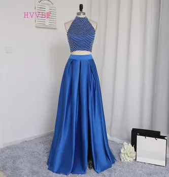 Royal Blue Nekilnojamojo Mėginio 2018 Prom Dresses-line Aukštos Apykaklės Grindų Ilgis Pearl Dviejų dalių Promenadzie Suknelė Vakaro Suknelės Vakare Gown