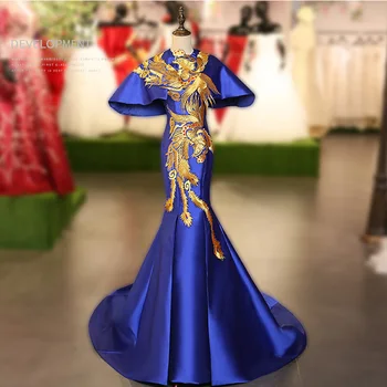 Royal Mėlyna Dėmė Kinų Suknelė Moterims Phoenix Siuvinėjimo Ilgai Cheongsam Qipao Mados Vakare Gown Vasaros Modernus Rytietiškas Suknelės