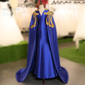 Royal Mėlyna Dėmė Kinų Suknelė Moterims Phoenix Siuvinėjimo Ilgai Cheongsam Qipao Mados Vakare Gown Vasaros Modernus Rytietiškas Suknelės