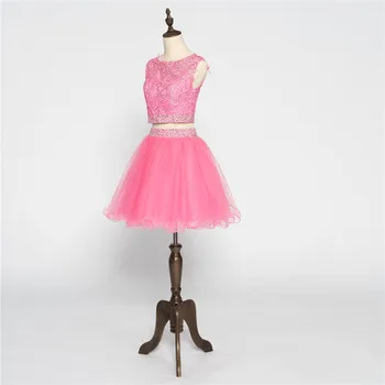 Rožinė 2017 Homecoming Suknelės-line Bžūp Rankovėmis Organza Nėrinių Zawalcowany Dviejų dalių Trumpą Mini Elegantiškas Kokteilių Suknelės