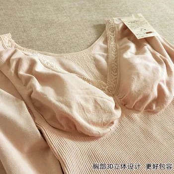 Rudenį ir žiemą medvilnės formuojant šilumos apatiniai moterims Šildymo pluošto long sleeve v-kaklo nėrinių Kūno stora marškinėliai viename marškinėliai