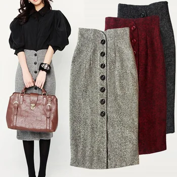 Rudenį ir žiemą, tvido sijonas single-breasted aukšto juosmens krepšys klubo sijonas elegantiškas retro pieštuku sijonas