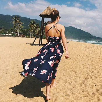 Ruoru Moterų Vasaros Paplūdimio Suknelė Šifono Hlater Gėlių Spausdinti Backless Retro Elegantiškas Boho Maxi Skraiste Femme 2018 Seksualus Sundress