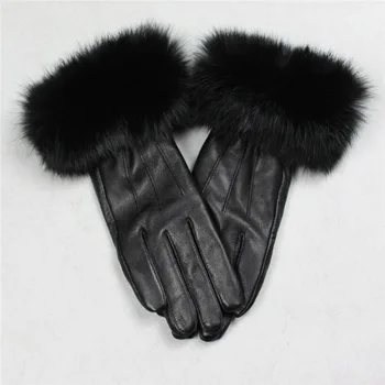 Rusija stiliaus didelis triušio kailio, manžetai, avikailio pirštinės moterų tikro kailio ir odos storio šiltas žiemą kumštinės pirštinės juoda