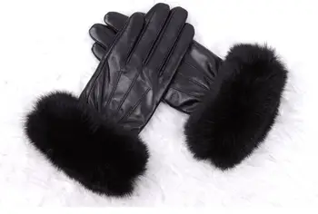 Rusija stiliaus didelis triušio kailio, manžetai, avikailio pirštinės moterų tikro kailio ir odos storio šiltas žiemą kumštinės pirštinės juoda