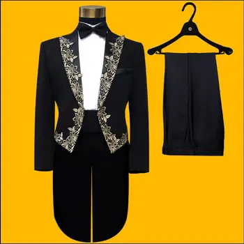 S-3XL Mens Mados juoda Siuvinėti kostiumai Tuxedos Tailcoat Vyrų Vestuvių Jaunikis Oficialų Suknelė Dainininkas Magas veiklos kostiumai