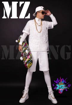 S-4XL ! 2018 Vyrų mados naujų dainininkas DJ club svečiai Pietų Korėja ZICO pat baltos marlės KTZ balta 3 d siuvinėjimo hip-hop ' o kostiumai