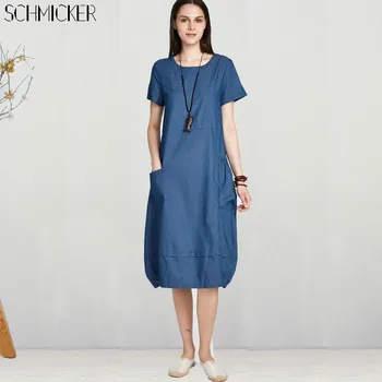 SCHMICKER Women Summer Short Sleeve Oversize Solid Loose Denim Dress Plus Size Overalls Female Korea Elegant Jeans Midi Dresses