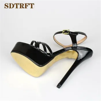 SDTRFT zapatos Plius:40-46 47 48 Vasarą Sagtis Sandalai platformų 16cm plonas aukštakulniai vestuviniai bateliai, Aukso dugnas siurbliai Stiletto