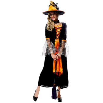 Seksualus Suaugusiųjų Ragana Kostiumas Helovinas šalis moterų išgalvotas oranžinė suknelė Deluxe Suaugusiųjų Moterų Magija Metu Kostiumas